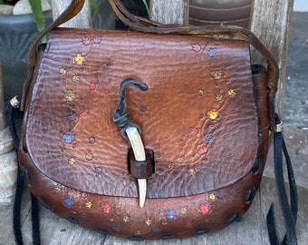 Sweet vintage rustic distressed hippie boho festival bag with tooled and painted flowers......medium size.