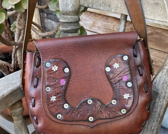 Sweet Vintage  70&#39;s Boho Hippie Festival Leather Hand Tooled Painted Brown Flower Crossbody Bag Purse