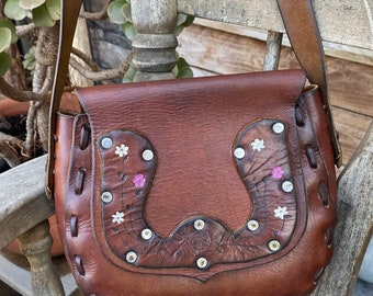 Sweet Vintage  70's Boho Hippie Festival Leather Hand Tooled Painted Brown Flower Crossbody Bag Purse