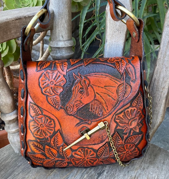 New Retro Style Leather Tooled Shoulder Bag Using Vintage Pattern