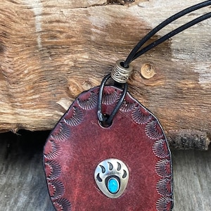 Leather Pendant Necklace with Bear Paw screw back concho