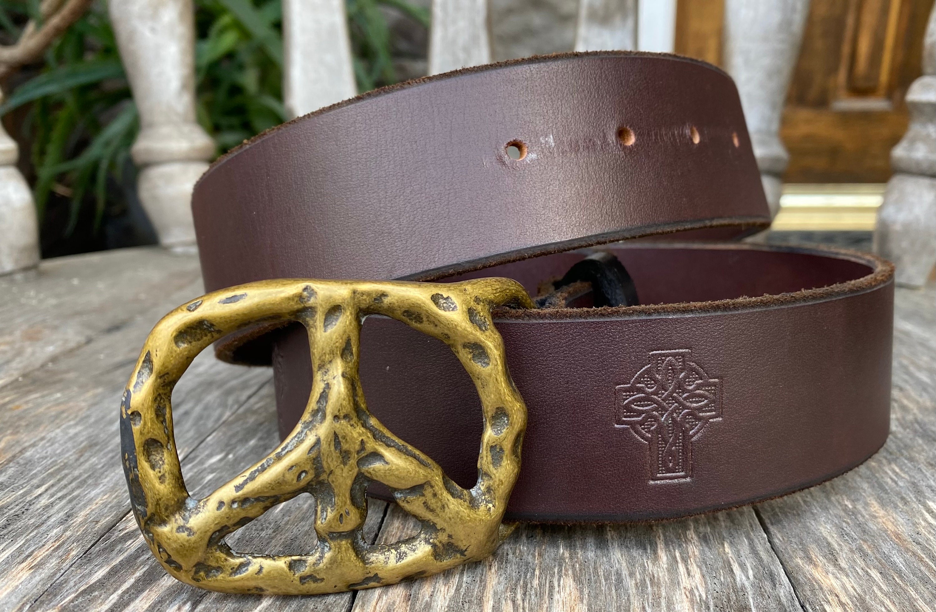 Handmade Leather Belt With Tooled Small Celtic Crosses and  display picture 1