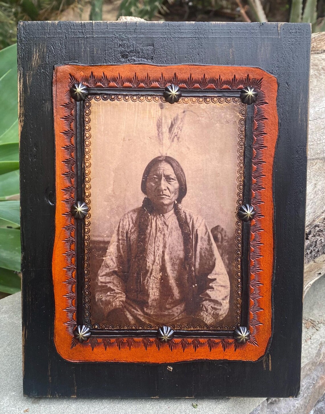 Chief Sitting Bull Framed on Rustic Distressed Tooled Leather and Wood ...