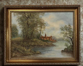Vintage Original Oil Painting Landscape, European Castle Scene, Canvas Art, Mid Century Wall Decor