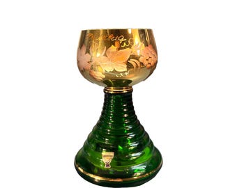 Vintage Swiss Thorens Musical Goblet – Green & Gold Glass Music Box (1950s)