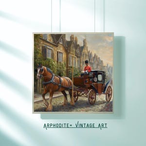 ヴィンテージロンドン馬車の絵画 – エレガントな額入りウォールアート、ノスタルジックな石畳の通り、伝統的なロンドンの家の装飾