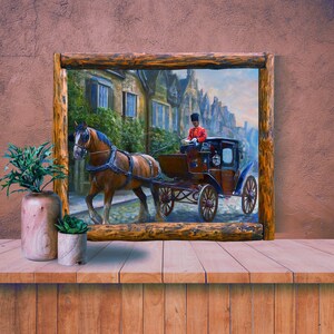 Vintage London Pferdekutsche Gemälde - Elegante gerahmte Wandkunst, nostalgische Kopfsteinpflasterstraßen und traditionelle Londoner Häuser Dekor