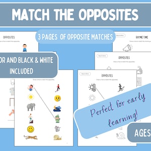 Puede incluir: Hoja de trabajo imprimible en blanco y negro para niños de 2 a 7 años. La hoja de trabajo tiene tres páginas de emparejamiento de opuestos. La hoja de trabajo incluye un título que dice "Match the Opposites".