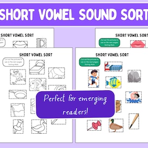 May include: Black and white printable worksheet with the title "Short Vowel Sound Sort". The worksheet has a grid of images with dotted lines around each image. The images include a bed, a fish, a pan, a flag, a pin, a duck, a boy running, a fish, a rock, a swimmer, a box, a bat, a ladybug, a sun, a mouth, a thermometer, a number 10, and a clock.