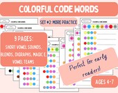 Colorful Code Words: Early Reading Practice (set 2), Preschool, Kindergarten, 1st grade, 2nd Grade Literacy Printable, Learn to Read