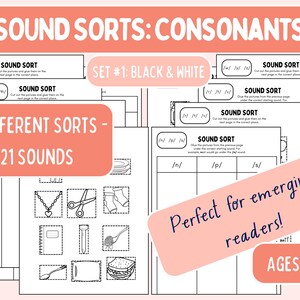 Tipos de sonidos: consonantes (blanco y negro), imprimible para preescolar, imprimible para jardín de infantes, conciencia fonémica, hoja de trabajo para educación en el hogar, aprender a leer