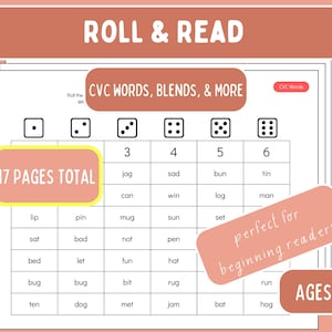 May include: Black and white printable game board with dice and CVC words for beginning readers. The game board has 17 pages total and is perfect for ages 3-7.