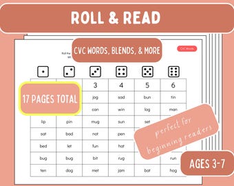 Roll and Read: Palavras simples, palavras CVC, misturas, dígrafos, sons de cola e muito mais; Prática de leitura inicial, Aprenda a ler, imprimíveis de fonética
