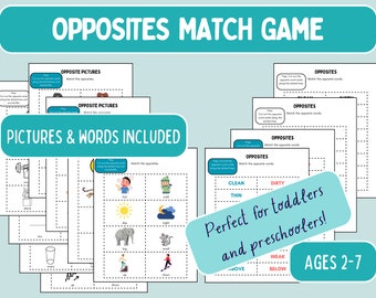 Opposite Matching Game; Match Opposite Words, Memory Game for Kids, Preschool Printable, Homeschool Printable, Learn Opposites