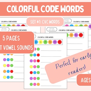 May include: Five printable worksheets for early readers to practice short vowel sounds. Each worksheet features a colorful code word with a corresponding color-coded dot pattern. The worksheets are titled "Colorful Code Words" and "Set #1: CVC Words".