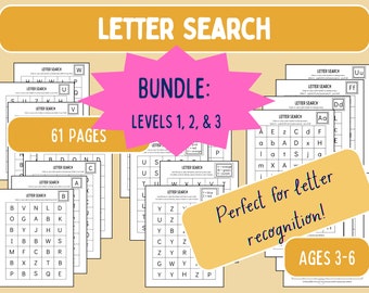 Letter Search BUNDLE: Letter Recognition, Alphabet Practice, Capital and Lowercase Letters, Color By Letter, Preschool Printable, Homeschool