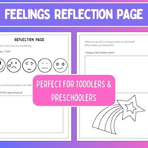 May include: Black and white printable worksheet with the title "Feelings Reflection Page". The worksheet includes a section for children to circle or color a face representing how they are feeling, a section to draw a picture to explain their feelings, and a section to write about what makes them feel better. The worksheet also includes a section for children to write about what they can do to change a bad or sad mood. The worksheet is perfect for toddlers and preschoolers.
