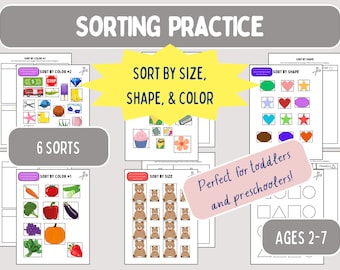 Sorting Activities; Cut and Glue Pictures, Sorting Practice, Preschool Printables, Homeschool Worksheets, Sort by Color, Shape, Size