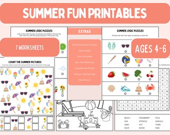 Summer Fun Printables (ages 4 to 6), Preschool Printables, Kindergarten Printables, Worksheets for Kids, Summer Learning, Fun Activities