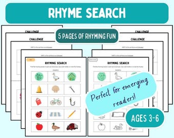 Rhyming Search: Search for Rhymes, Hunt for Rhyming Word Pictures, Preschool Printable, Rhyming Practice for Kids, Pre-Reading Skills