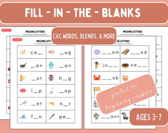 Fill In The Blanks: Spell CVC Words, Blends, Words with Short Vowel Sounds, and More! Fill In the Missing Letters, Kindergarten Printable