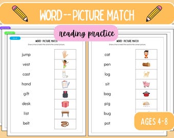 Word to Picture Matching: Read Simple Words, Simple Reading Practice, CVC Words, Short Vowel Sound Practice, Learn to Read, Phonics Practice