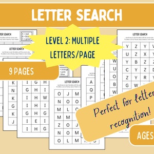 Búsqueda de letras 2: busque letras y colores usando una clave, imprimible para preescolar, reconocimiento de letras, hoja de trabajo de educación en el hogar, aprenda el alfabeto