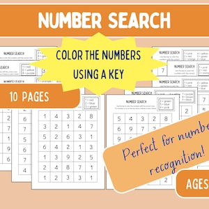 May include: A set of 10 number search puzzle sheets for children aged 2-5. Each sheet features a grid of numbers and a colour key. The text says "Color the numbers using a key" and "Perfect for number recognition!"