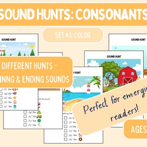 Búsquedas de sonidos: consonantes (color), imprimible para preescolar, imprimible para jardín de infantes, conciencia fonémica, hoja de trabajo para educación en el hogar, aprender a leer