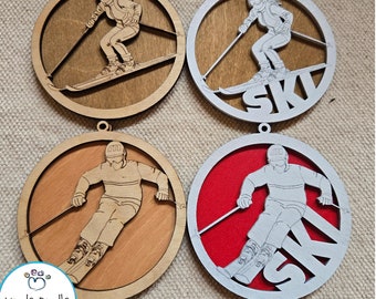 Ski Christmas Ornaments SVG Set | Layered Skier Ornament Files for Laser Cutters | Winter Sports Holiday Decorations