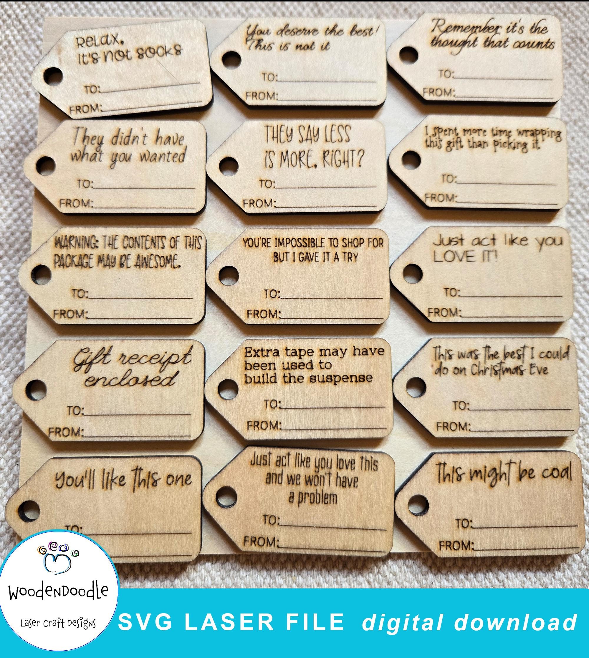 Funny Gift Tag SVG Files | Set of 15 Laser Cut Gift Tags with Sayings | Personalized Holiday Gift Tags | Score and Engrave | Set # 3