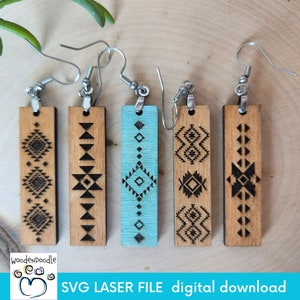 May include: Five wooden earrings with geometric patterns and silver hooks. One earring is light blue, the others are natural wood. The earrings are rectangular and feature etched designs. The text "SVG LASER FILE digital download" is visible.