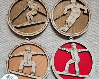 Utah Ski Resorts | Layered Ski and Snowboard Ornament SVG Files | Laser Cut Christmas Ornament Design | Male & Female Skier Snowboarder Set