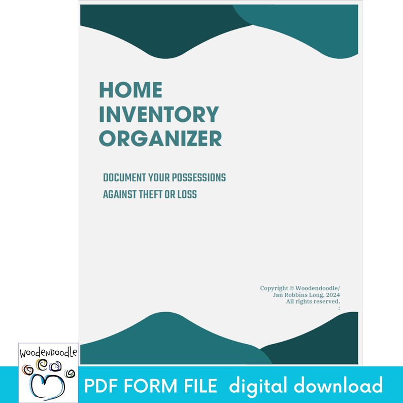 K&ouml;nnte beinhalten: Eine bedruckbare PDF-Formular-Datei in Tealblau und Wei&szlig; f&uuml;r einen Hausinventar-Organizer. Der Text auf dem Formular lautet "Home Inventory Organizer" und "Document your possessions against theft or loss". Das Formular soll Menschen helfen, ein detailliertes Inventar ihrer Besitzt&uuml;mer zu erstellen.