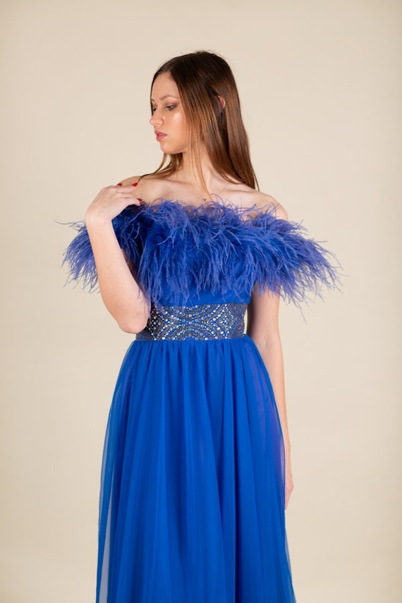 Vintage Blue Feather Rhinestone Belt Long Ball Gow