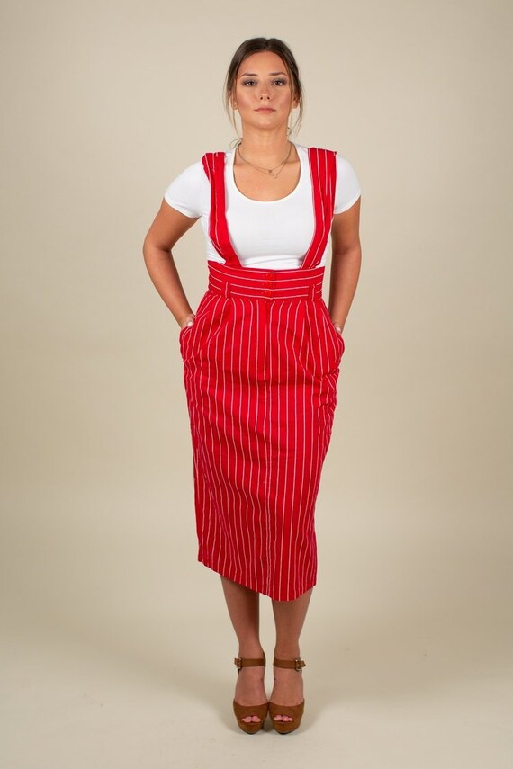 80's Vintage Red Pinstripe Suspender Pencil Skirt