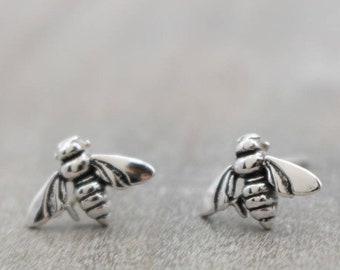 Silver bee stud earrings, bee earrings, sterling silver studs, insect stud earrings