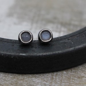 May include: A pair of silver stud earrings with small, round, light blue gemstones.