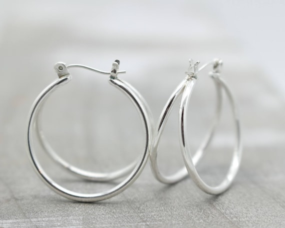 Double Sterling Silver Hoop Earrings: Minimalist Click Latch Jewelry