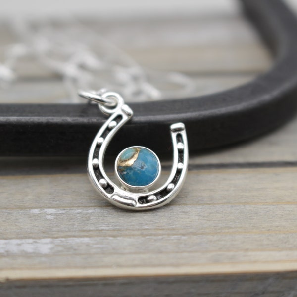 Turquoise Sterling Silver Horseshoe Necklace / Custom charm necklace / Horseshoe Charm With Gemstones / Gift for her / horse lover gift