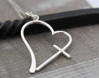 Sterling Silver Cross Heart Charm Necklace / gift for mom