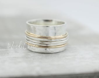 Sterling Silver Gold Wide Band Meditation / silver gold spinner ring / gift for her / Moodichic jewelry sale