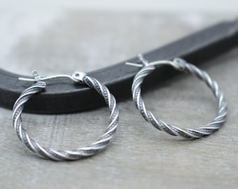 Sterling silver twisted hoop earrings - Rustic 3/4” earrings - gift for her - jewelry sale / gift for mom