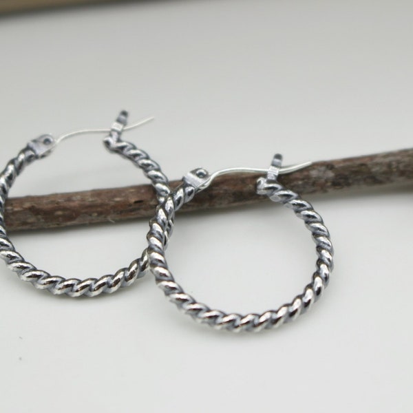 Medium Twisted Wire Hoop Earrings - Sterling silver rustic hoop earrings - 3/4 inch earring - gift for her - boho - hoop earrings