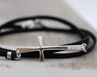 Sterling silver Cross Bracelet - Leather wrap bracelet - charm bracelet - Cross Jewelry - Gift for Her - Jewelry Sale