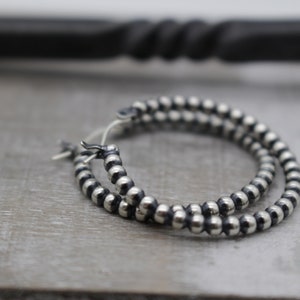 Beaded Hoop Earrings - Sterling silver rustic hoop earrings - one inch hoops - gift for her - boho - hoop earrings