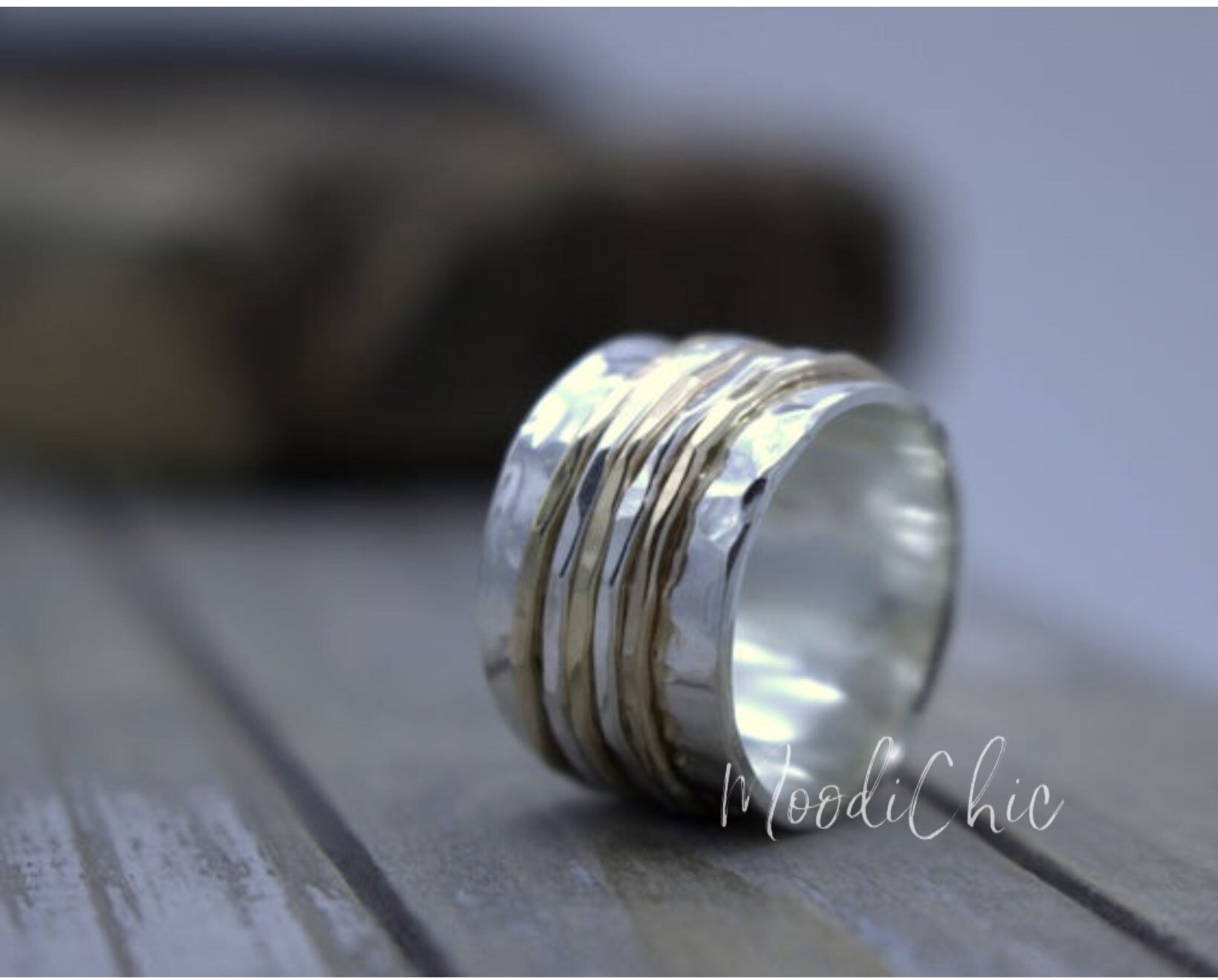Sterling Silver Gold Filled Spinner Ring - Wide Band Fidget Ring - Etsy