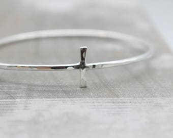 Sterling Silver Sideways Cross Bangle  /  Cross Bracelet /  Gift for her / Christian Jewelry / Simple Hammered Bangle