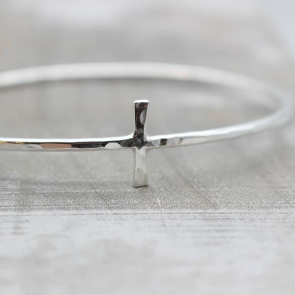 Sterling Silver Sideways Cross Bangle  /  Cross Bracelet /  Gift for her / Christian Jewelry / Simple Hammered Bangle