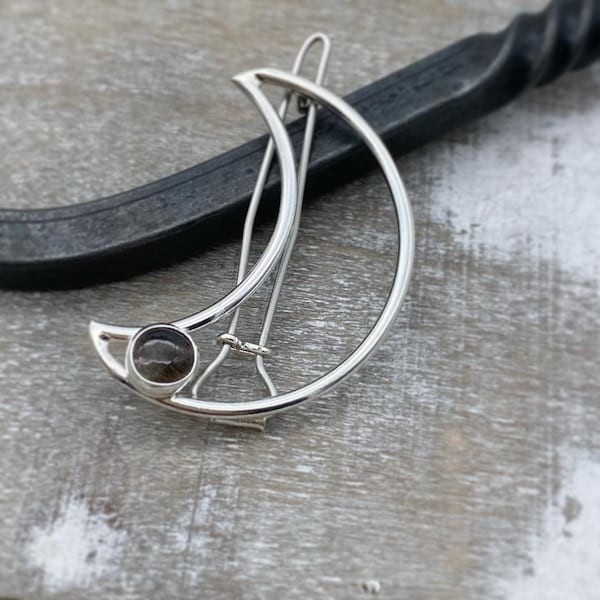 Sterling Silver Crescent Moon Barrette: Gemstone Hair Clip
